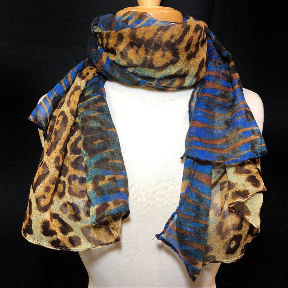 Blue Zebra & Leopard Print Long Lightweight Scarf - Picture 2 of 5